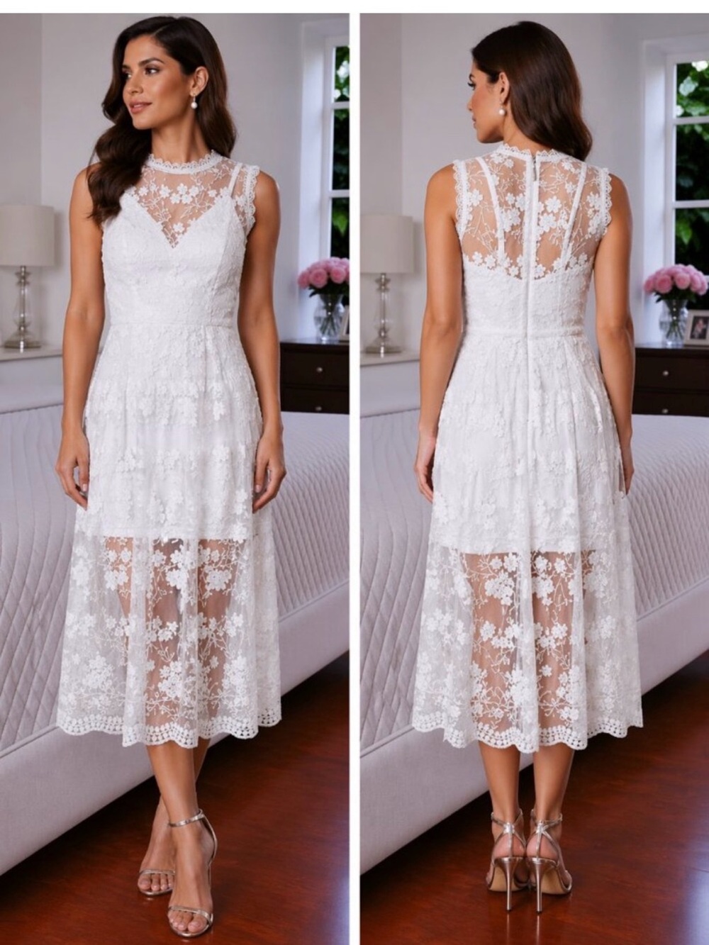 Bronx and Banco White Lace Midi Dress with Illusion Yoke